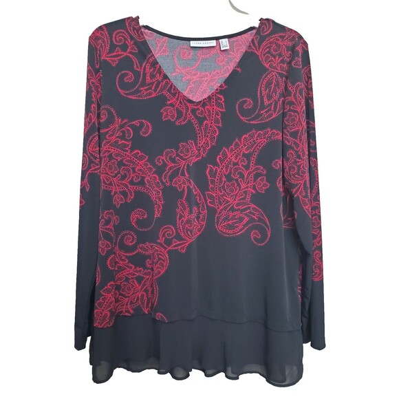 SUSAN GRAVER LiquidKnit Black Paisley Chiffon Hem V-Neck Tunic Size Medium - Picture 1 of 6